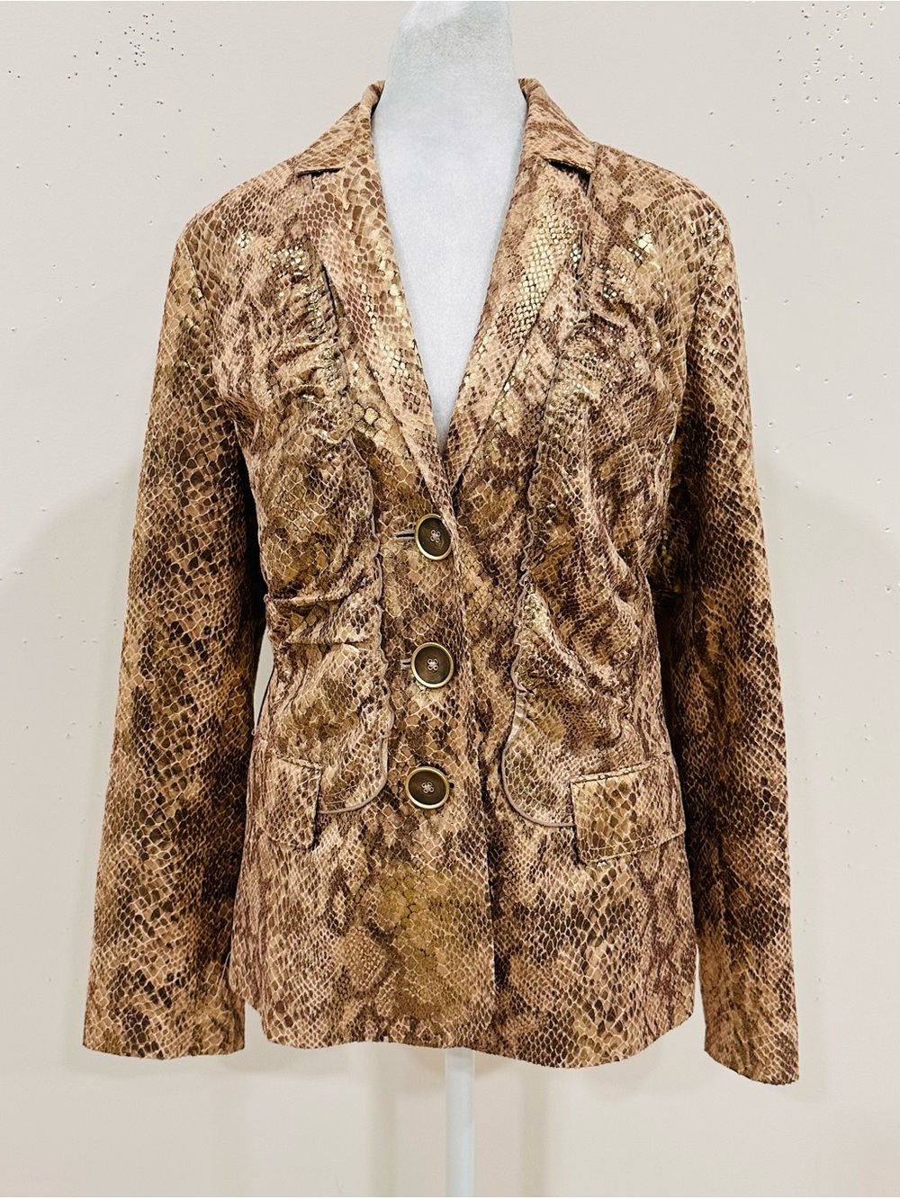 Chico's Layla Gold Brown Snakeskin Print Ruched Blazer Jacket Women's Size 1 (M)